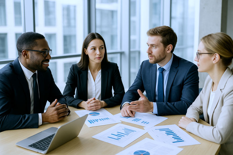 &Eacute;quipe de professionnels autour d&rsquo;une table avec ordinateurs portables et graphiques financiers discutant de strat&eacute;gies d&rsquo;achat et d&rsquo;optimisation des co&ucirc;ts