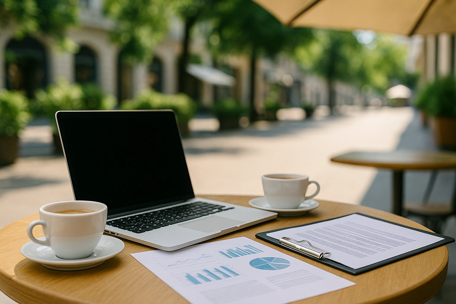 Espace de travail en terrasse avec ordinateur portable, documents graphiques et deux caf&eacute;s, sugg&eacute;rant un moment de planification serein en plein air.