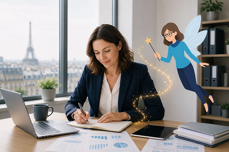 Une dirigeante travaille &agrave; son bureau avec la tour Eiffel en arri&egrave;re-plan, accompagn&eacute;e d&rsquo;une f&eacute;e illustr&eacute;e tenant une baguette magique