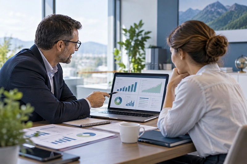 Un expert-comptable Acorev accompagne une dirigeante dans l&rsquo;analyse de ses indicateurs de gestion pour anticiper sereinement l&rsquo;avenir de son entreprise.