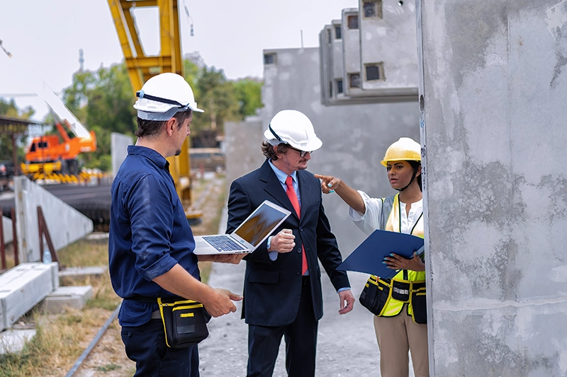 Inspecteurs et responsable de chantier v&eacute;rifiant des documents sur un chantier BTP pour assurer la conformit&eacute; r&eacute;glementaire