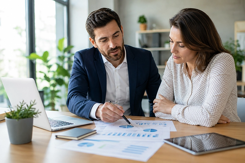 Un dirigeant de PME et une collaboratrice &eacute;tudient des graphiques financiers li&eacute;s au partage de la valeur en entreprise.